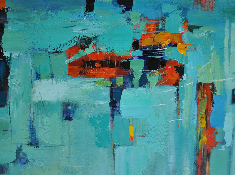 Large Oil Canvas Art,Vertical Palette Knife Contemporary Art,Large Canvas Art,Lake Blue,Red,Black.etc